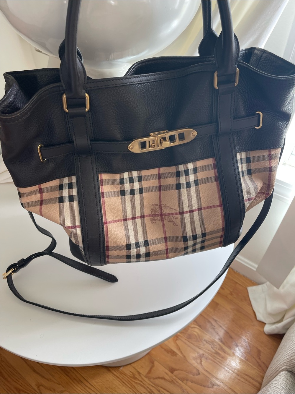 Burberry Black Leather and Beige Check Satchel - Picture 6 of 9